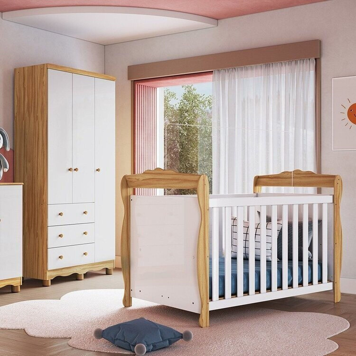 Quarto de Bebê com Berço Minicama e Guarda-roupa 3 Portas 100% Mdf Nina Espresso Móveis Branco Brilho/Amêndoa