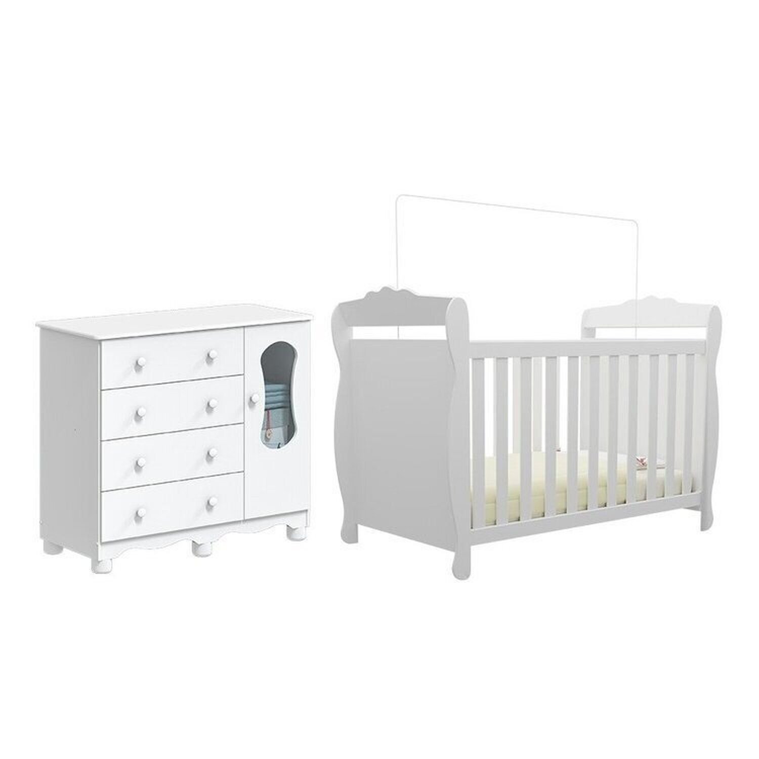 Encontraproduto.com.br - Quarto de Bebê com Cômoda Janelada e Berço Minicama 100% Mdf Aurora Espresso Móveis Branco Brilho