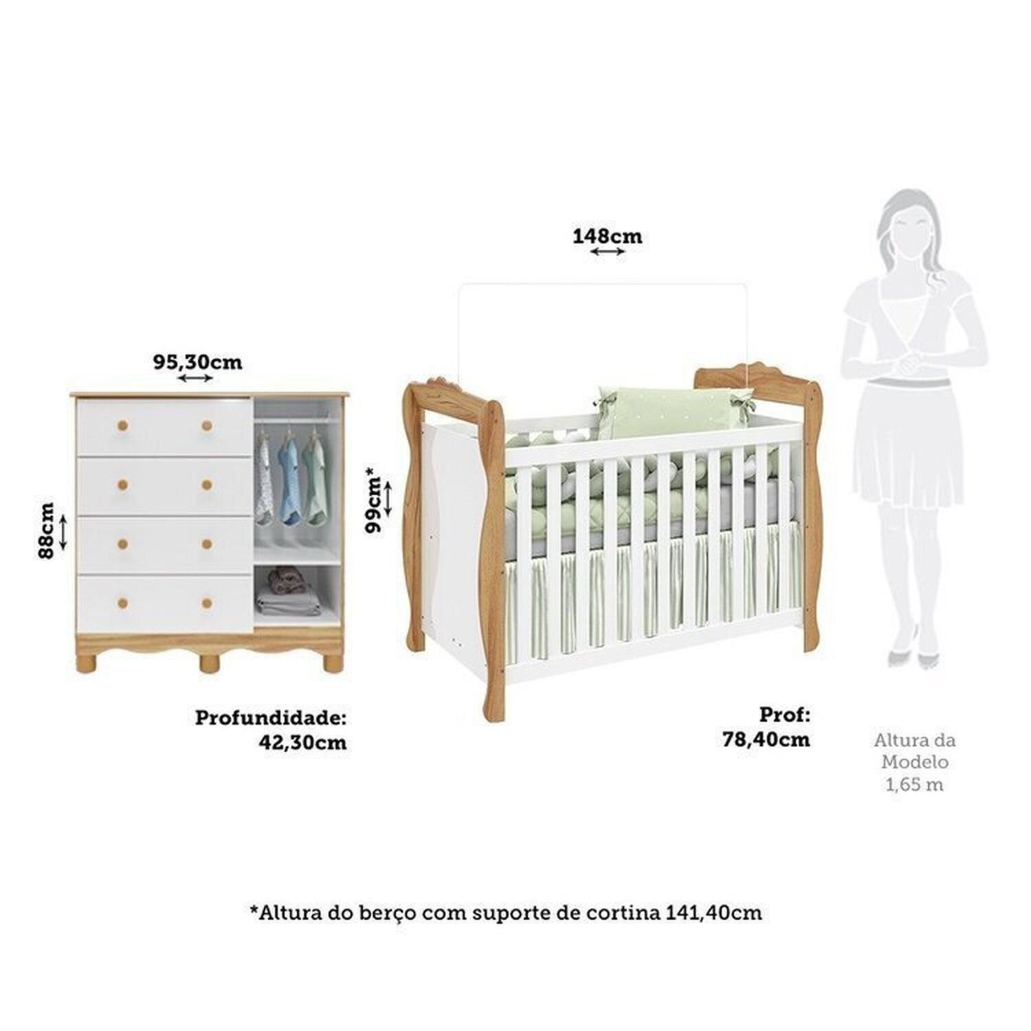 Quarto de Bebê com Cômoda Janelada e Berço Minicama 100% Mdf Aurora Espresso Móveis Branco Brilho/Amêndoa