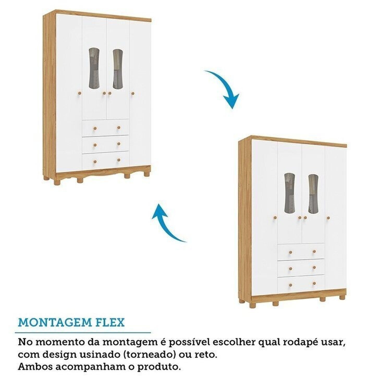 Encontraproduto.com.br - Quarto de Bebê com Guarda-roupas 4 Portas Cômoda com Janelas e Berço 100% Mdf Aurora Espresso Móveis Branco Brilho/Amêndoa