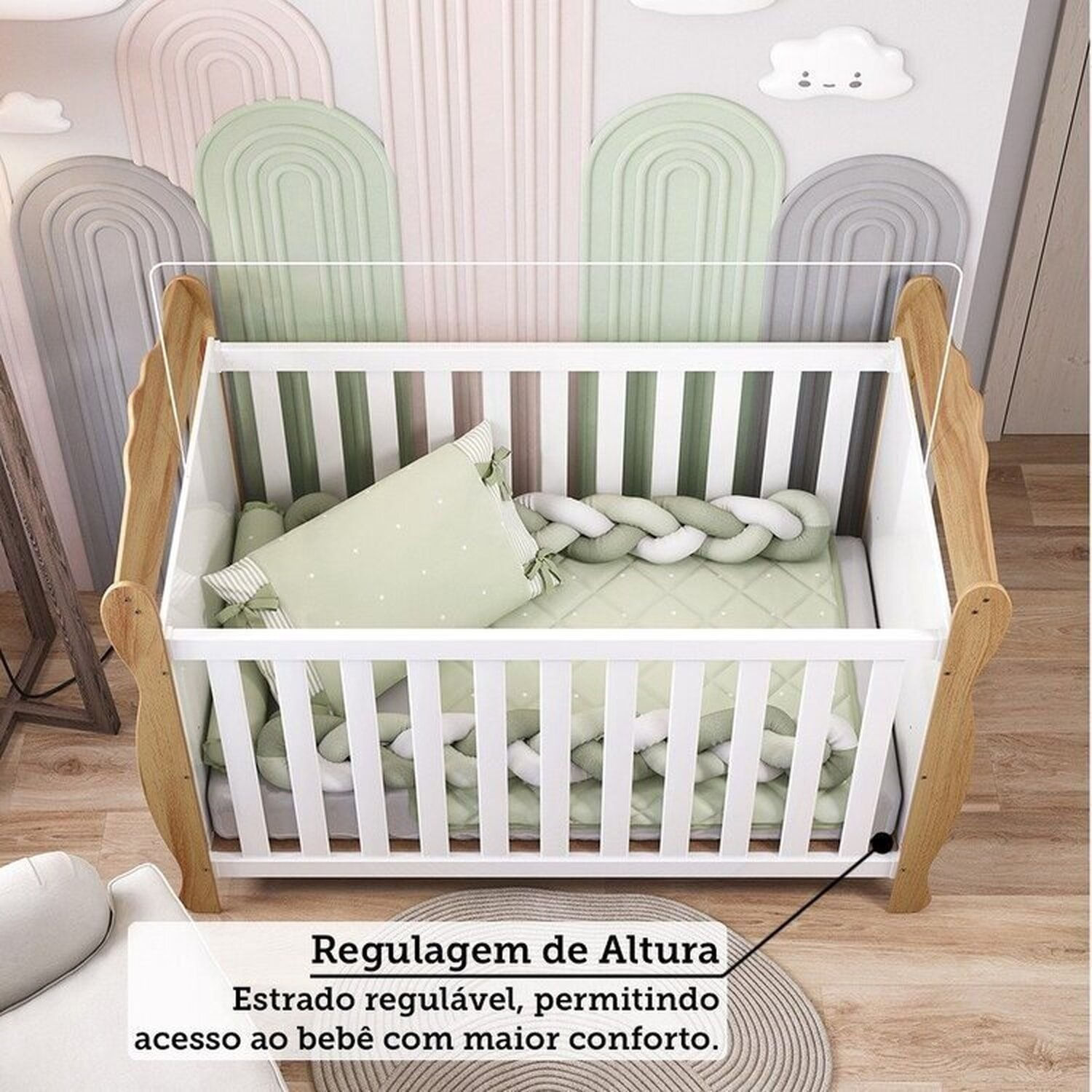 Encontraproduto.com.br - Quarto de Bebê com Guarda-roupas 4 Portas Cômoda com Janelas e Berço 100% Mdf Aurora Espresso Móveis Branco Brilho/Amêndoa