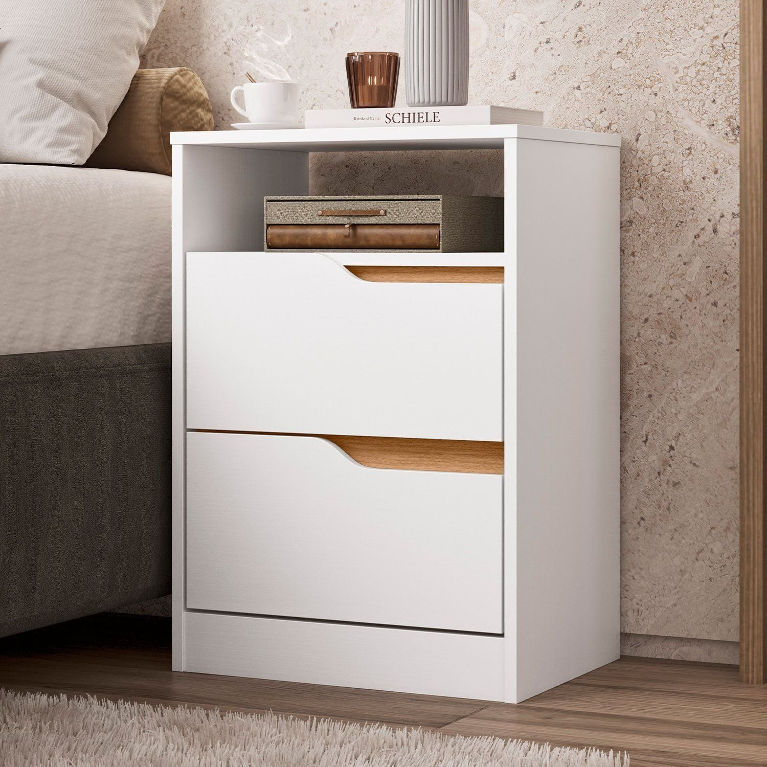 Encontraproduto.com.br - Mesa de Cabeceira 2 Gavetas sem Pés Doble Branco / Freijó