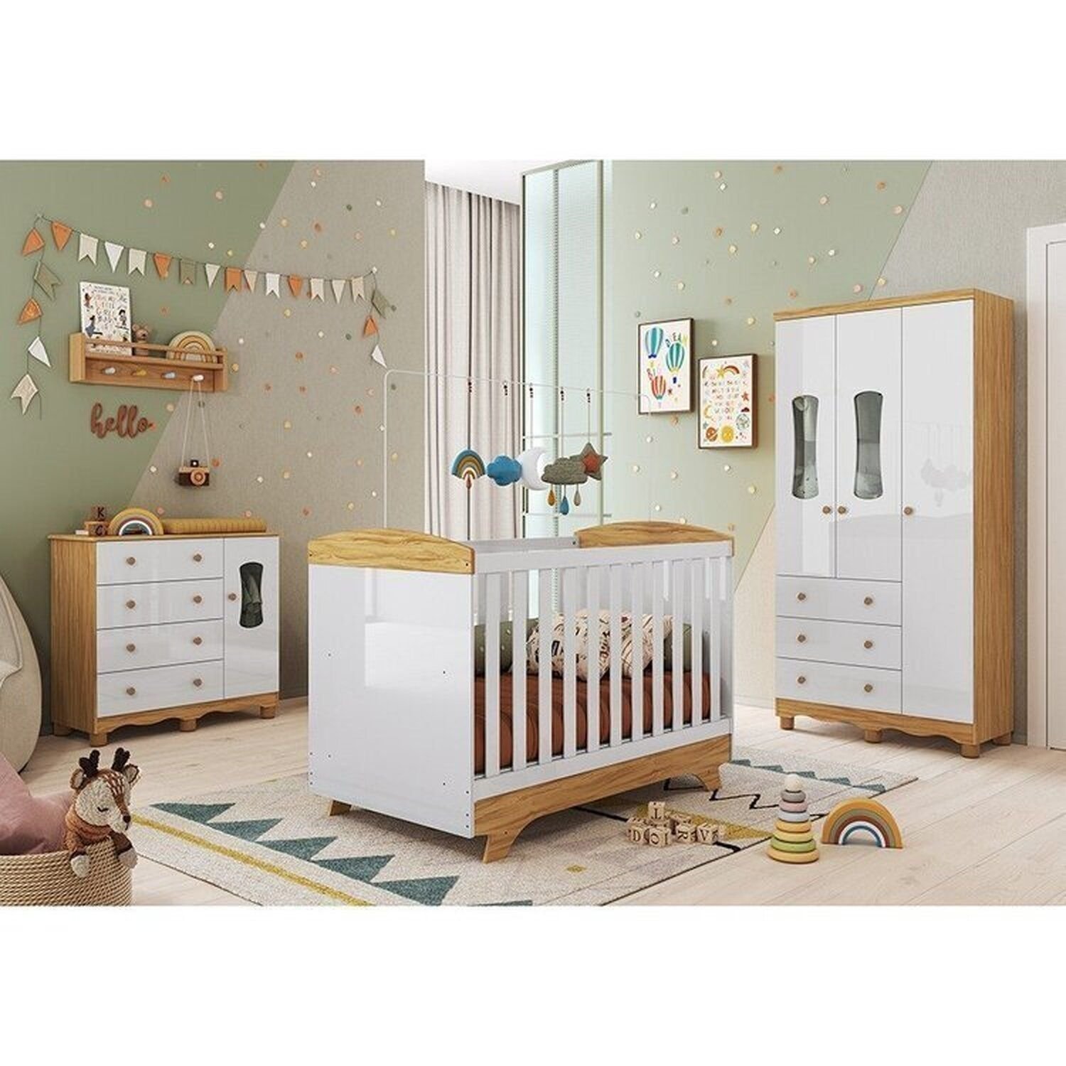 Quarto de Bebê com Guarda-roupas 3 Portas Cômoda com Janelas e Berço 100% Mdf Lena Espresso Móveis Branco Brilho/Amêndoa