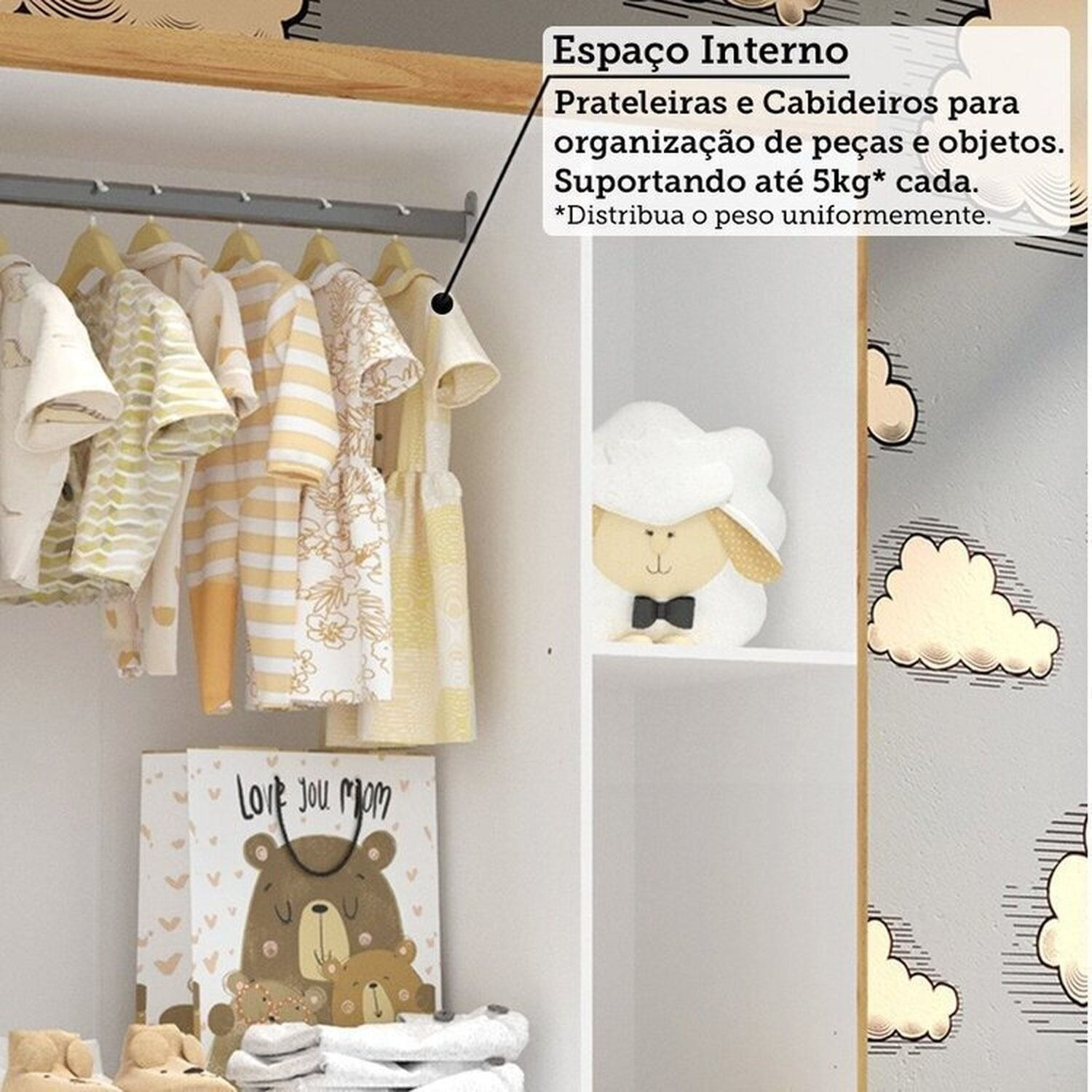 Encontraproduto.com.br - Quarto de Bebê com Guarda-roupas 3 Portas Cômoda com Janelas e Berço 100% Mdf Lena Espresso Móveis Branco Brilho/Amêndoa