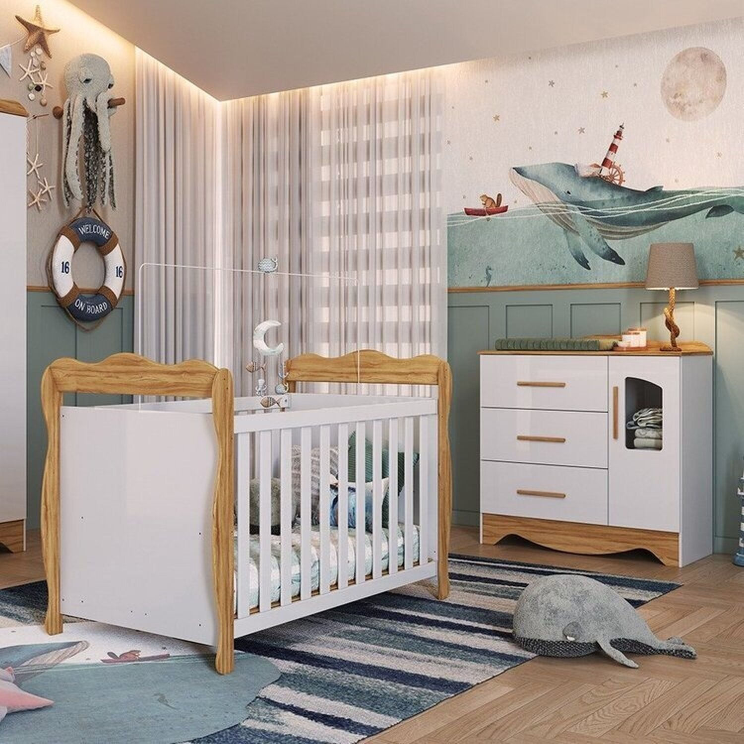 Quarto de Bebê com Cômoda 1 Porta Janelada 4 Gavetas e Berço Minicama 100% Mdf Alice Espresso Móveis Branco Brilho/Amêndoa