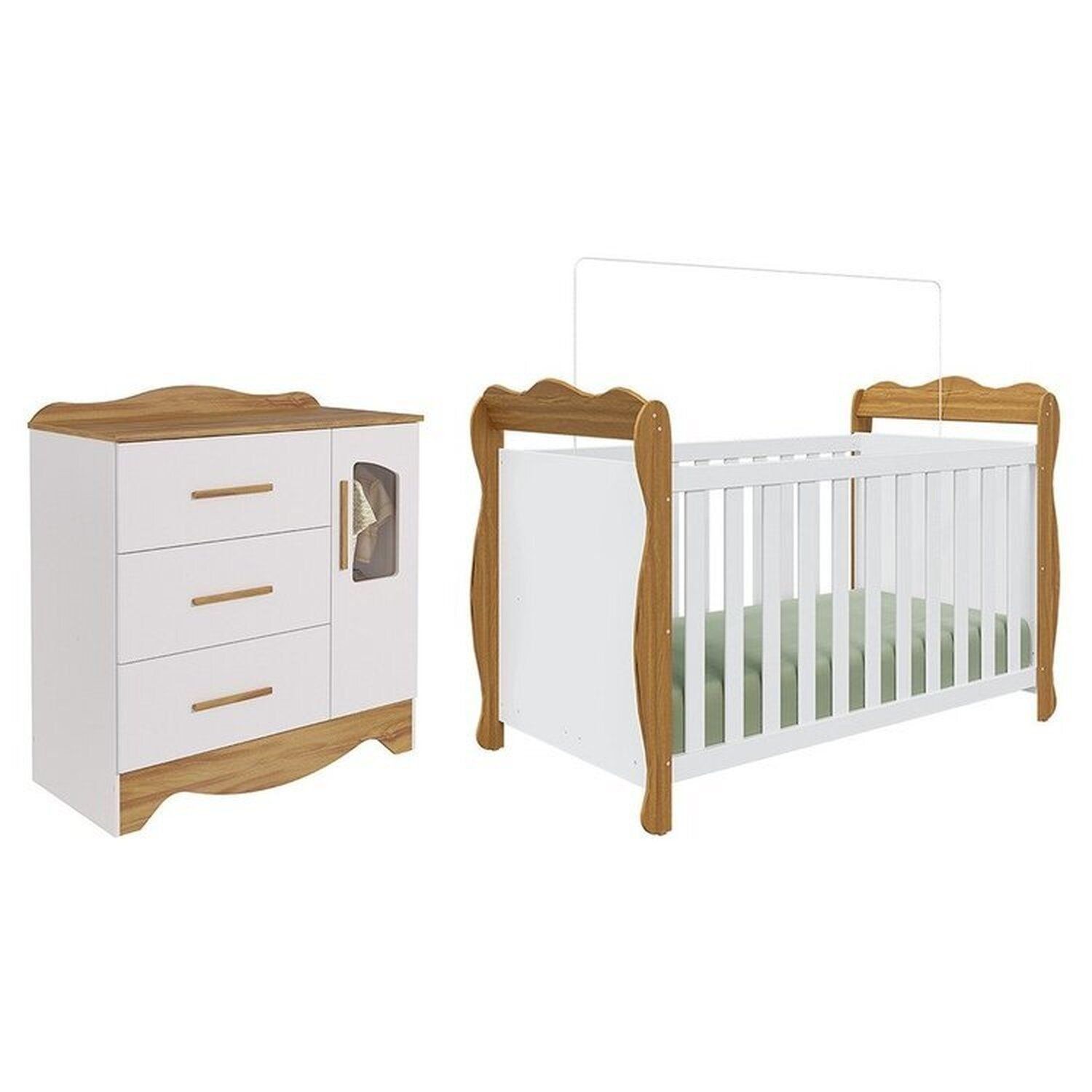 Encontraproduto.com.br - Quarto de Bebê com Cômoda 1 Porta Janelada 4 Gavetas e Berço Minicama 100% Mdf Alice Espresso Móveis Branco Brilho/Amêndoa