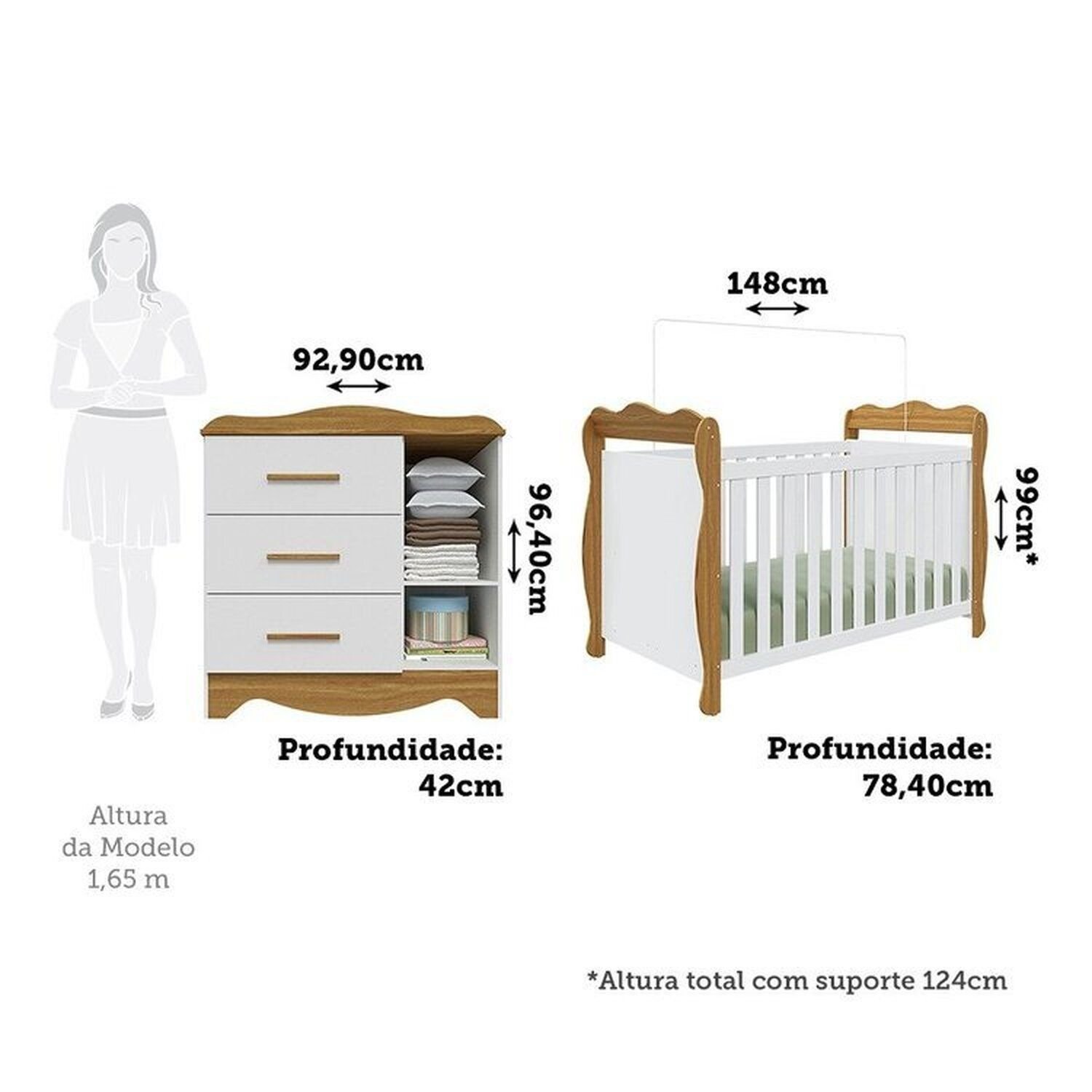 Encontraproduto.com.br - Quarto de Bebê com Cômoda 1 Porta Janelada 4 Gavetas e Berço Minicama 100% Mdf Alice Espresso Móveis Branco Brilho/Amêndoa