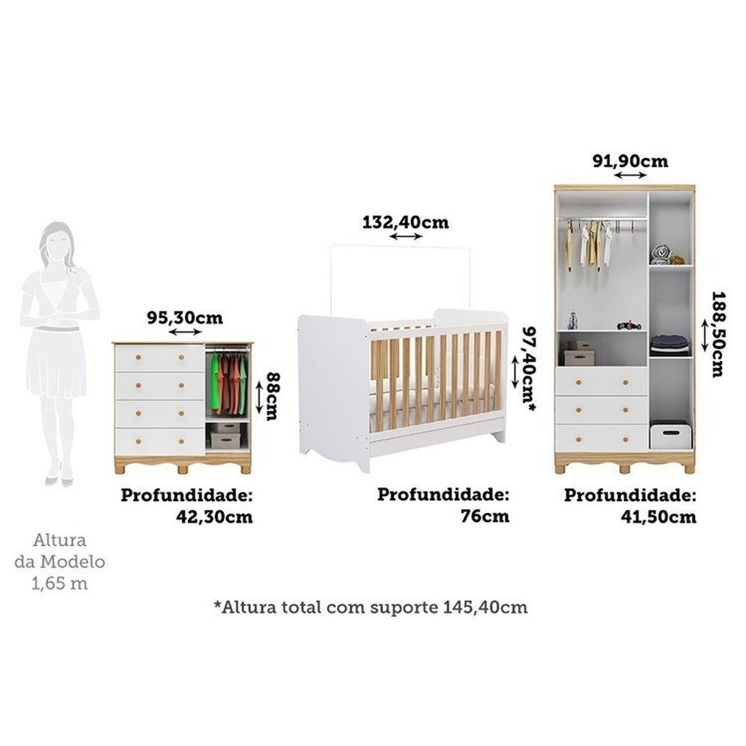 Encontraproduto.com.br - Quarto de Bebê com Guarda-roupas Cômoda 4 Portas Janeladas e Berço 100% Mdf Gael Espresso Móveis Branco Brilho/Amêndoa