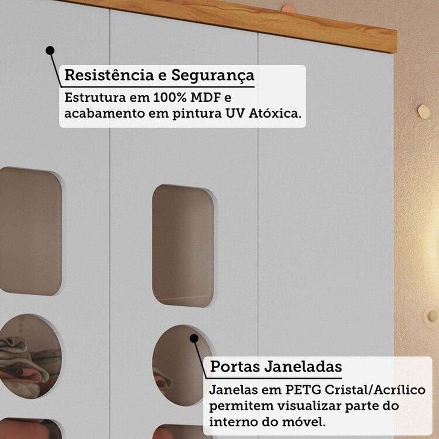 Encontraproduto.com.br - Quarto de Bebê com Guarda-roupas Cômoda 4 Portas Janeladas e Berço 100% Mdf Gael Espresso Móveis Branco Brilho/Amêndoa