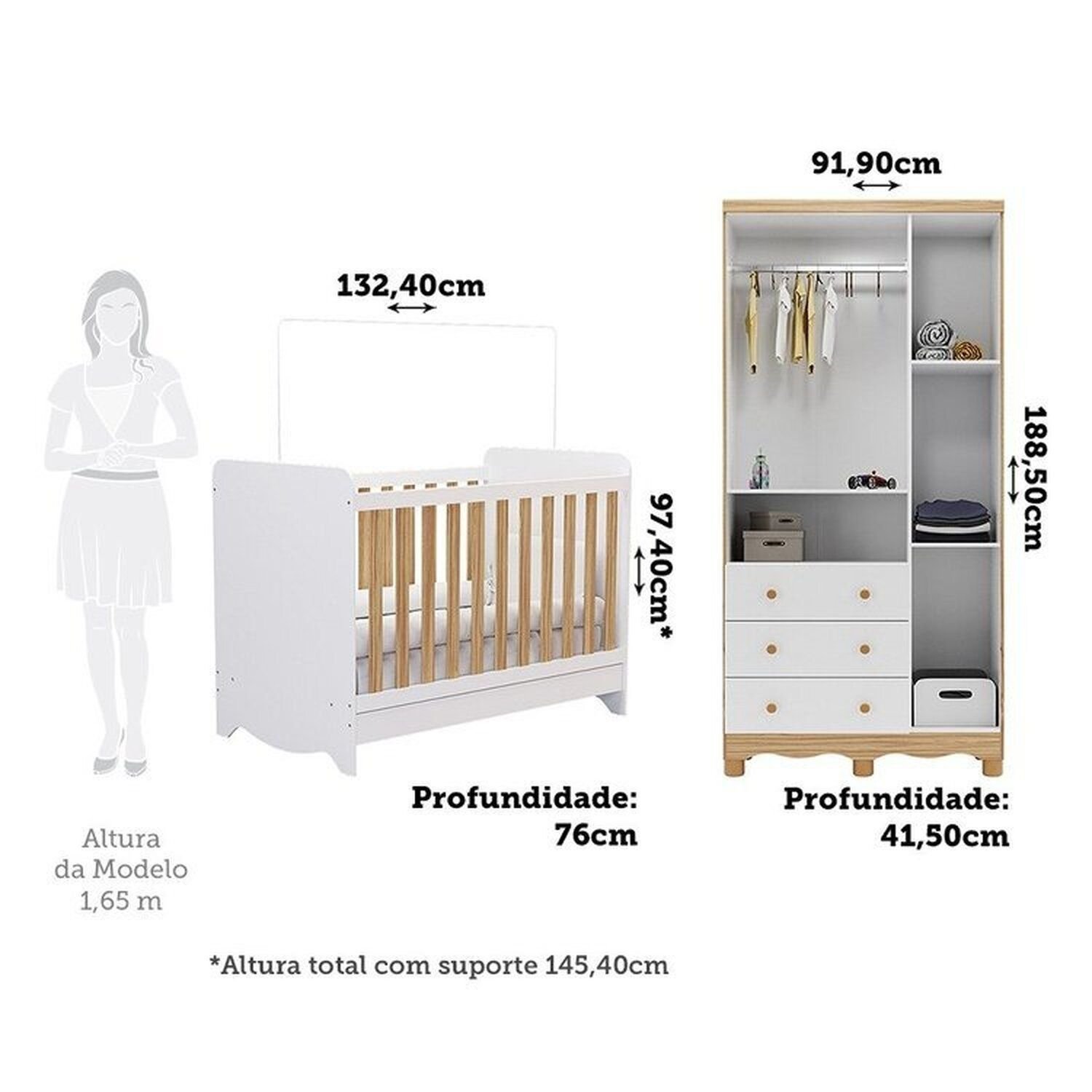 Encontraproduto.com.br - Quarto de Bebê Guarda-roupas 3 Portas Janeladas e Berço Minicama 100% Mdf Gael Espresso Móveis Branco Brilho/Amêndoa