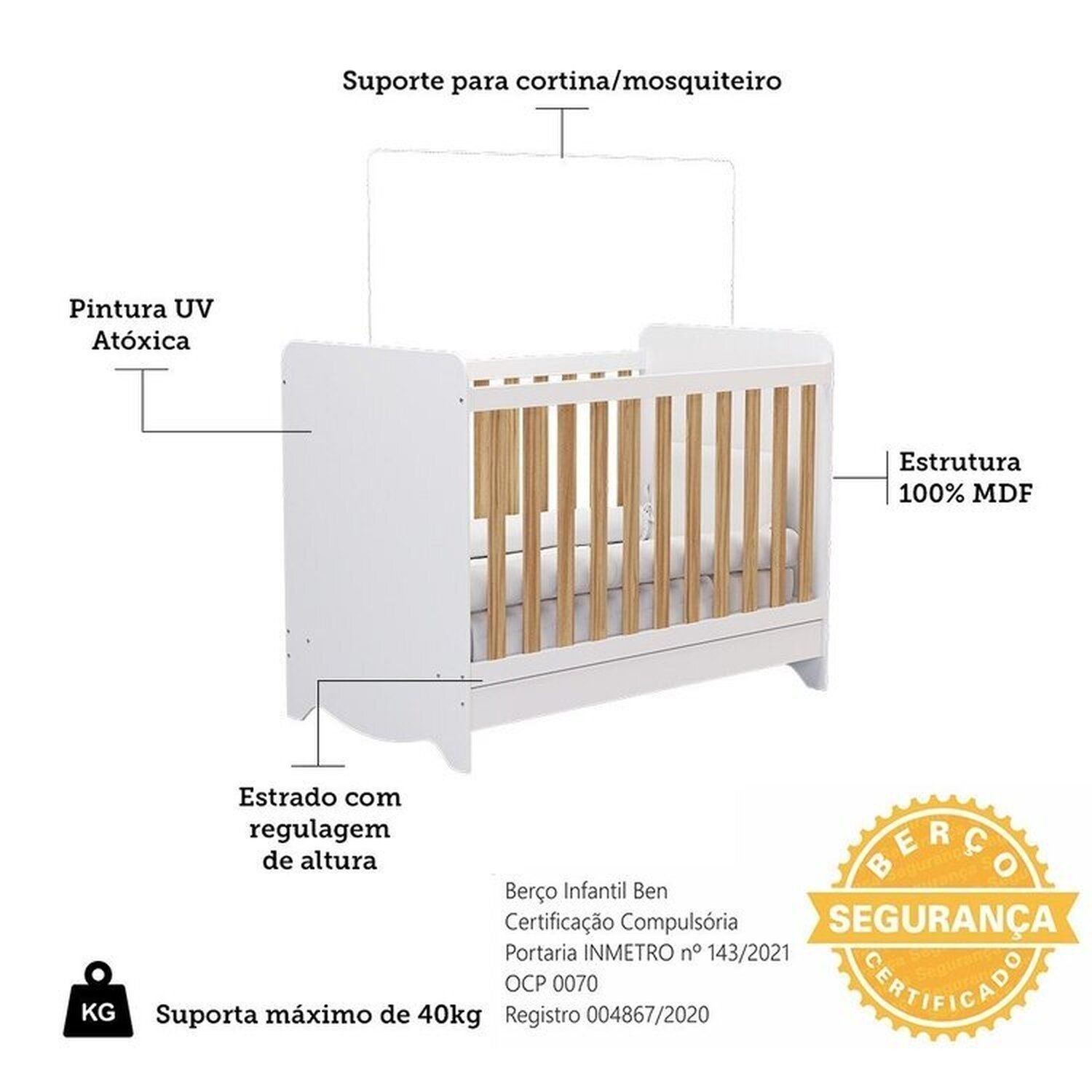 Encontraproduto.com.br - Quarto de Bebê Guarda-roupas 3 Portas Janeladas e Berço Minicama 100% Mdf Gael Espresso Móveis Branco Brilho/Amêndoa