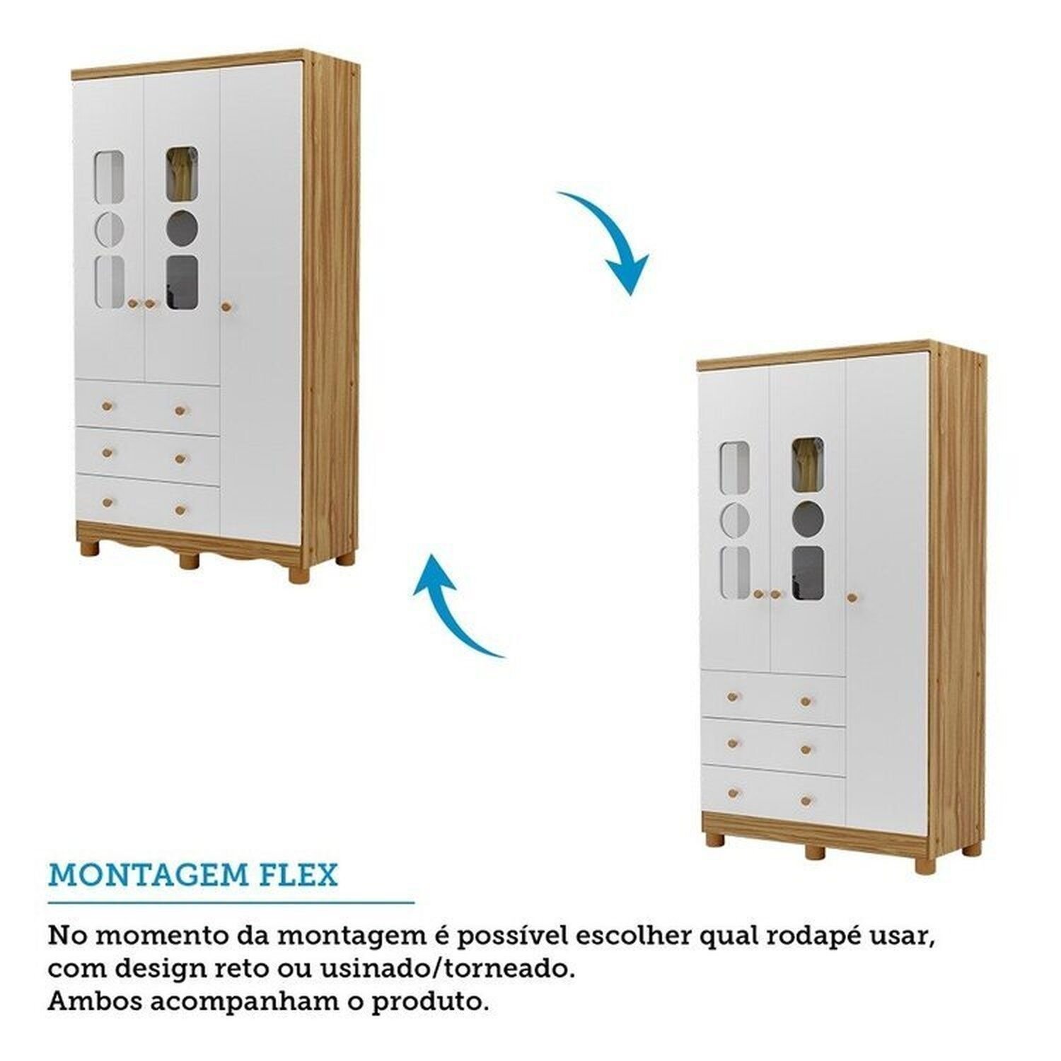 Encontraproduto.com.br - Quarto de Bebê Guarda-roupas 3 Portas Janeladas e Berço Minicama 100% Mdf Gael Espresso Móveis Branco Brilho/Amêndoa