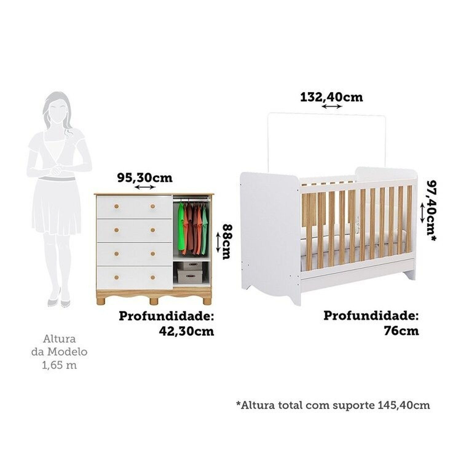 Quarto de Bebê com Cômoda 1 Porta Janelada 4 Gavetas e Berço Minicama 100% Mdf Gael Espresso Móveis Branco Brilho/Amêndoa