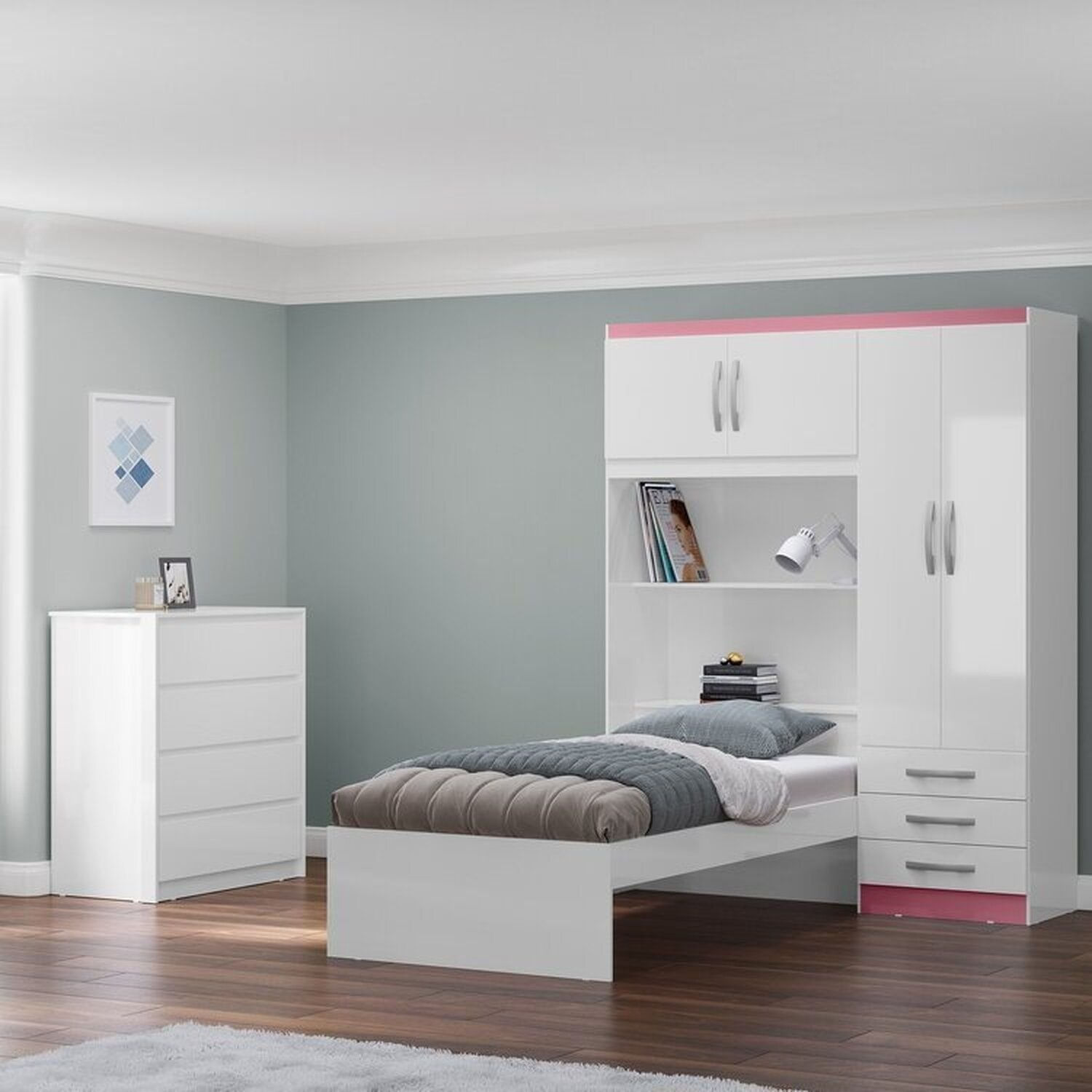 Conjunto Infantil Guarda-Roupa com cama Lisboa 4 Portas e 3 Gavetas com Cômoda Carla 4 Gavetas Branco/Rosa