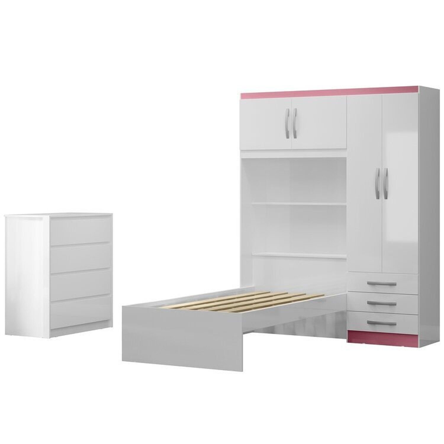 Encontraproduto.com.br - Conjunto Infantil Guarda-Roupa com cama Lisboa 4 Portas e 3 Gavetas com Cômoda Carla 4 Gavetas Branco/Rosa