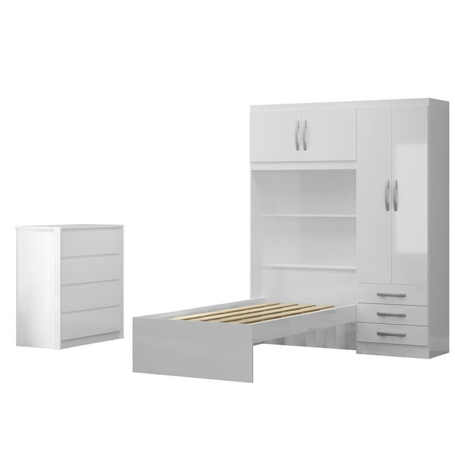 Encontraproduto.com.br - Conjunto Infantil Guarda-Roupa com cama Lisboa 4 Portas e 3 Gavetas com Cômoda Carla 4 Gavetas Branco/Rosa