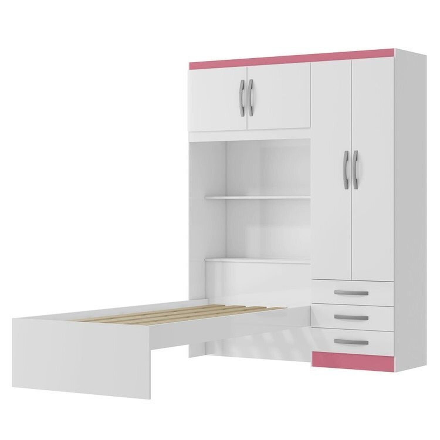 Encontraproduto.com.br - Conjunto Infantil Guarda-Roupa com cama Lisboa 4 Portas e 3 Gavetas com Cômoda Carla 4 Gavetas Branco/Rosa