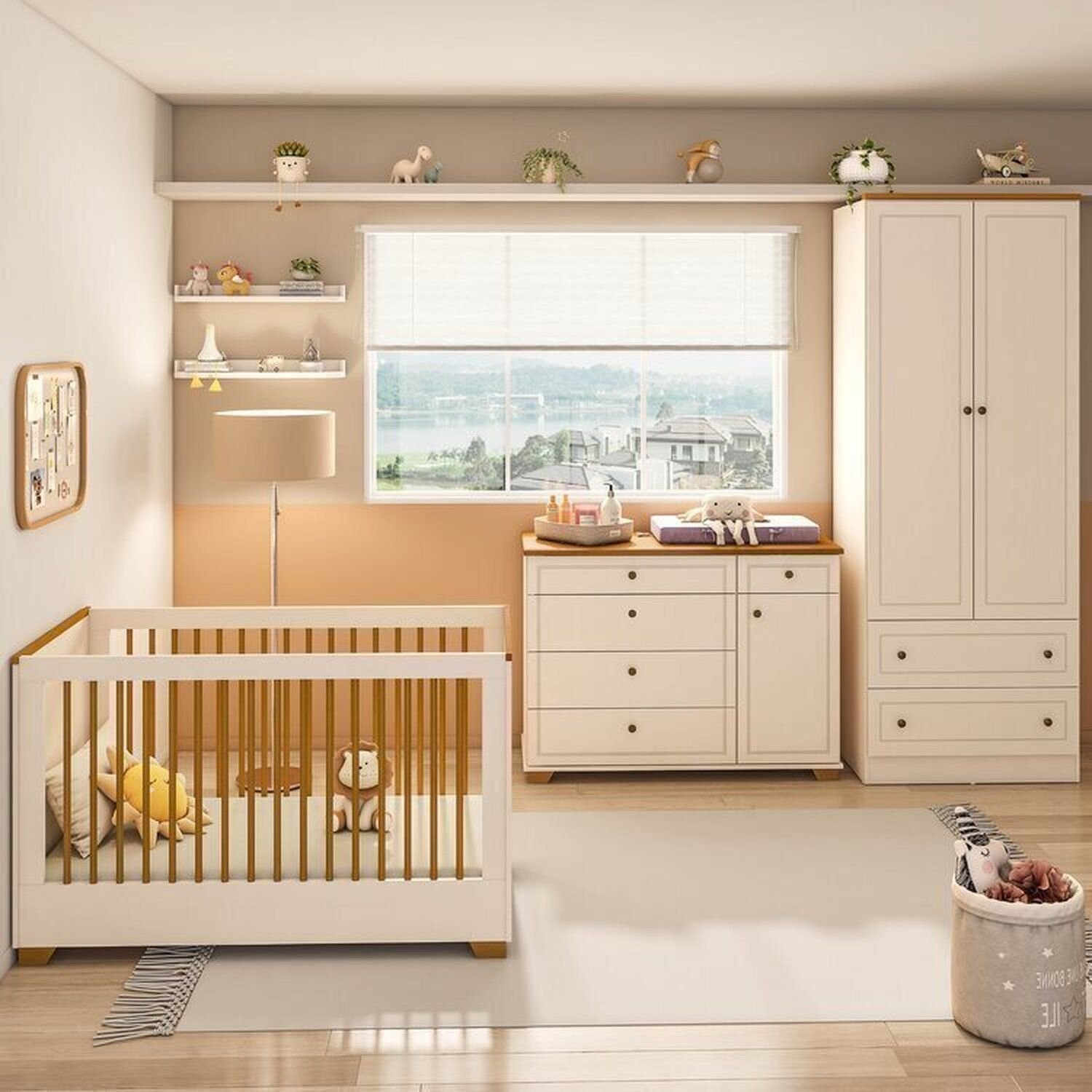 Quarto de Bebê Completo 1 Berço 1 Cômoda e 1 Guarda Roupa 2 portas Baby Ananda Casatema OffWhite/Mel