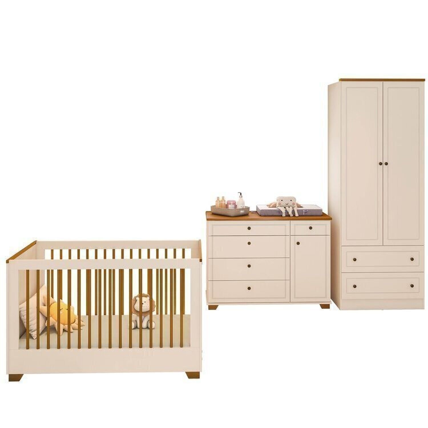Encontraproduto.com.br - Quarto de Bebê Completo 1 Berço 1 Cômoda e 1 Guarda Roupa 2 portas Baby Ananda Casatema OffWhite/Mel