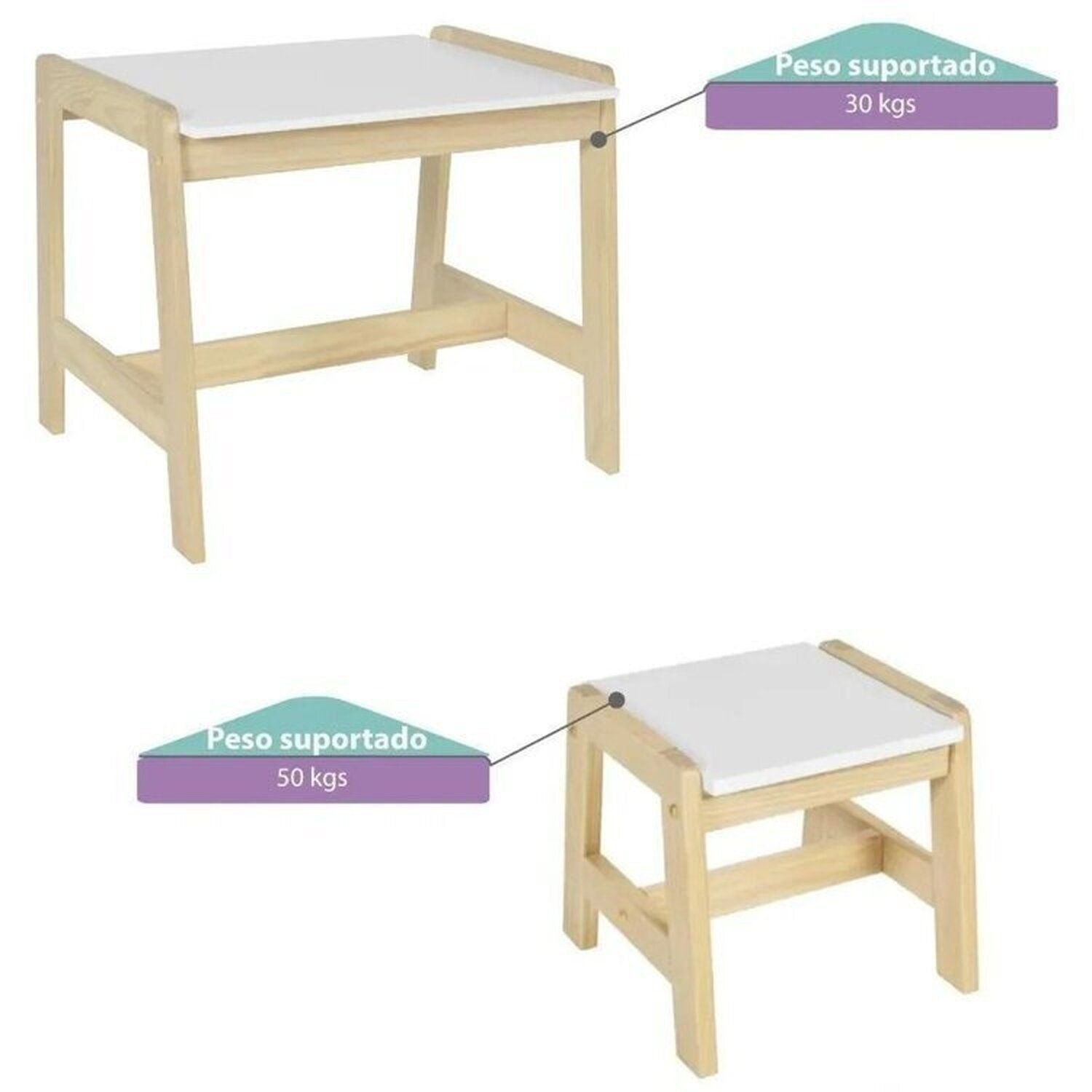 Encontraproduto.com.br - Conjunto Infantil Mesa com 1 Banqueta Castelo Casatema Branco / Natural