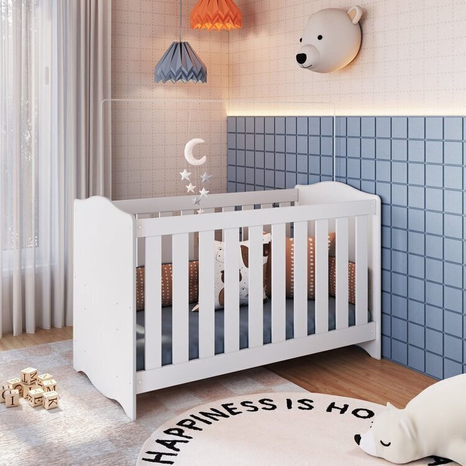 Conjunto Quarto de Bebê com Berço, Cômoda, Guarda-roupa, Prateleira e Baú de Brinquedos Branco