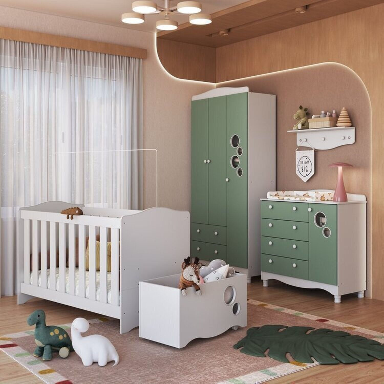 Conjunto Quarto de Bebê com Berço, Cômoda, Guarda-roupa, Prateleira e Baú de Brinquedos Branco/Verde