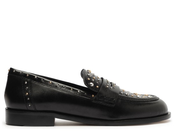 Encontraproduto.com.br - Mocassim Arezzo Preto Couro Bico Redondo Aplicações
