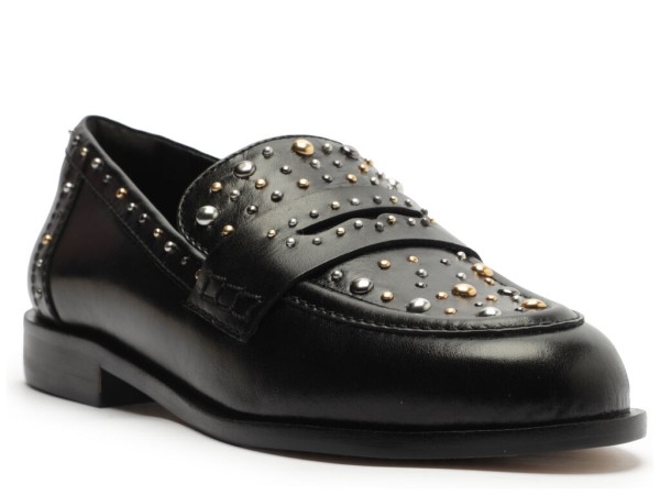 Encontraproduto.com.br - Mocassim Arezzo Preto Couro Bico Redondo Aplicações