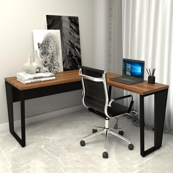 Encontraproduto.com.br - Conjunto Escritório Industrial Metal Madeira F5 Office nogal Com Preto Nogal Com Preto
