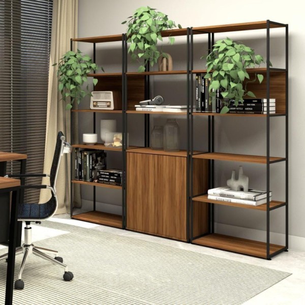 Encontraproduto.com.br - Conjunto Escritório Industrial Metal Madeira F5 Office nogal Com Preto Nogal Com Preto