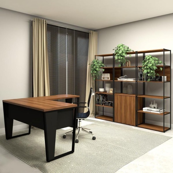 Encontraproduto.com.br - Conjunto Escritório Industrial Metal Madeira F5 Office nogal Com Preto Nogal Com Preto