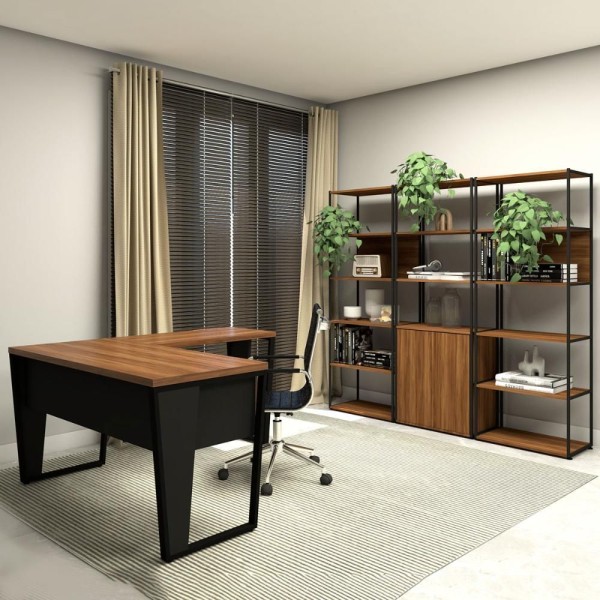 Encontraproduto.com.br - Conjunto Escritório Industrial Metal Madeira F5 Office nogal Com Preto Nogal Com Preto