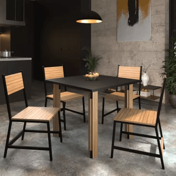 Mesa De Jantar Industrial De Madeira 4 Cadeiras| Tam: 90x90cm | Cor: Preto Com Cadeira Lamina| Mod: Lucia + Hera