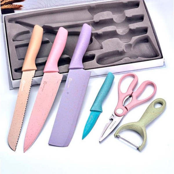 Encontraproduto.com.br - Jogo Facas Inox Profissional Colorido 6 Peças Moderno Tesoura