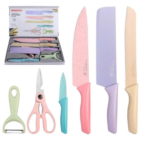 Encontraproduto.com.br - Jogo Facas Inox Profissional Colorido 6 Peças Moderno Tesoura