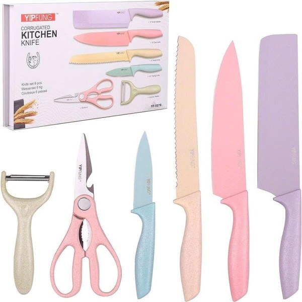 Encontraproduto.com.br - Jogo Facas Inox Profissional Colorido 6 Peças Moderno Tesoura