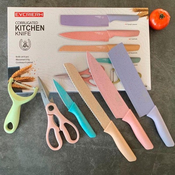 Encontraproduto.com.br - Jogo Facas Inox Profissional Colorido 6 Peças Moderno Tesoura