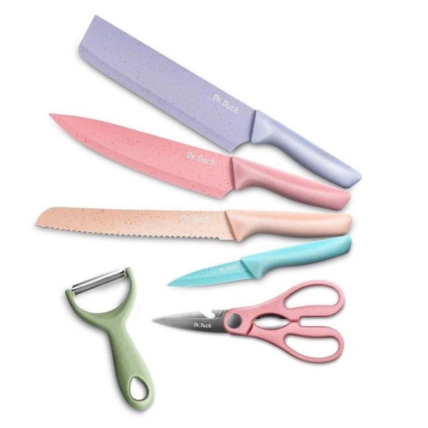 Encontraproduto.com.br - Jogo Facas Inox Profissional Colorido 6 Peças Moderno Tesoura