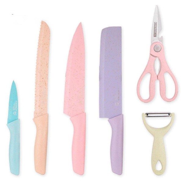 Encontraproduto.com.br - Jogo Facas Inox Profissional Colorido 6 Peças Moderno Tesoura