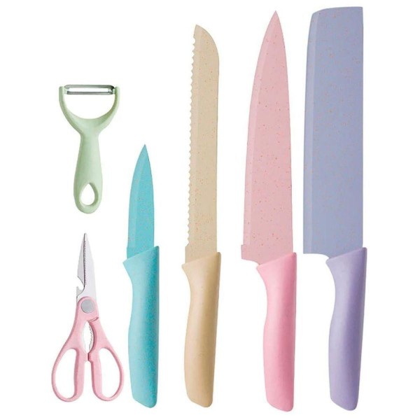 Encontraproduto.com.br - Jogo Facas Inox Profissional Colorido 6 Peças Moderno Tesoura