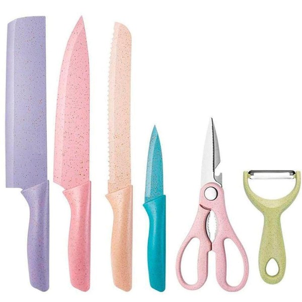 Encontraproduto.com.br - Jogo Facas Inox Profissional Colorido 6 Peças Moderno Tesoura