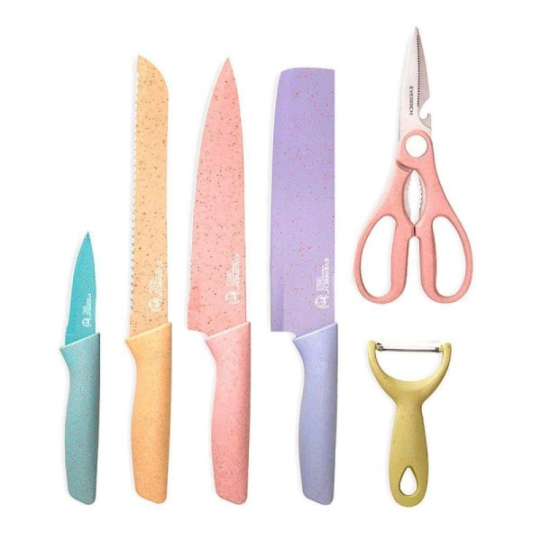 Encontraproduto.com.br - Jogo Facas Inox Profissional Colorido 6 Peças Moderno Tesoura