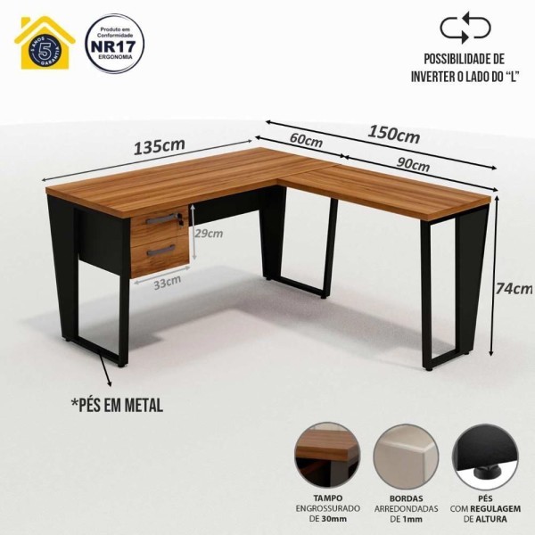 Encontraproduto.com.br - Mesa De Escritório Industrial Em L Com Gaveteiro Pés Metal nogal Com Preto Nogal Com Preto