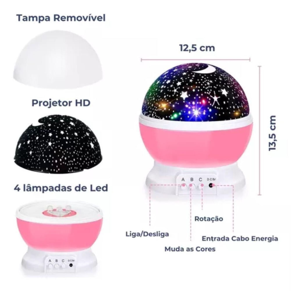Encontraproduto.com.br - Luminária Infantil Abajur Projetor Lua E Estrelas Giratória