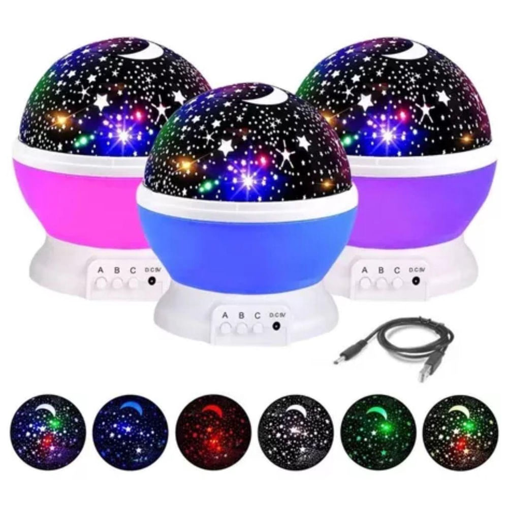 Encontraproduto.com.br - Luminária Infantil Abajur Projetor Lua E Estrelas Giratória