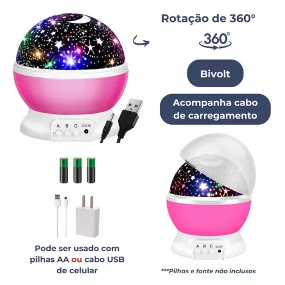 Encontraproduto.com.br - Luminária Infantil Abajur Projetor Lua E Estrelas Giratória