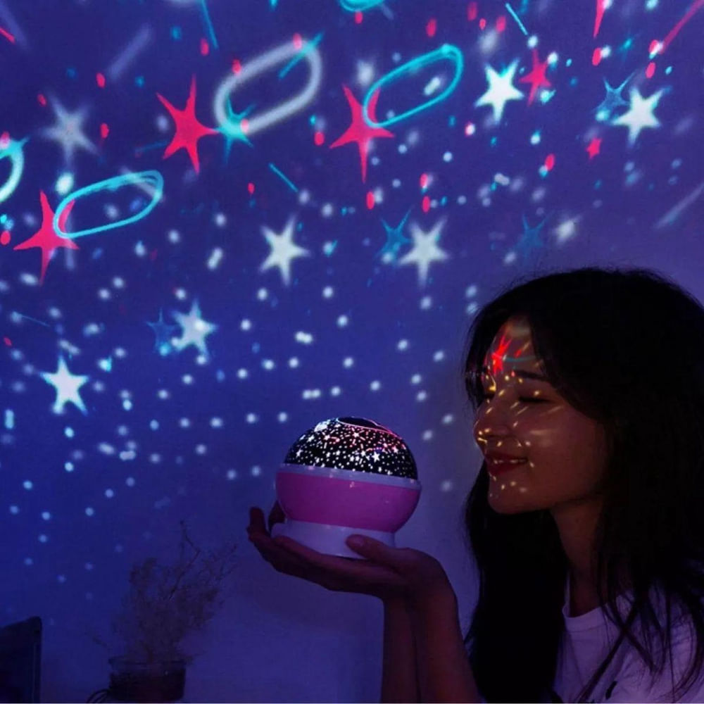 Encontraproduto.com.br - Luminária Infantil Abajur Projetor Lua E Estrelas Giratória