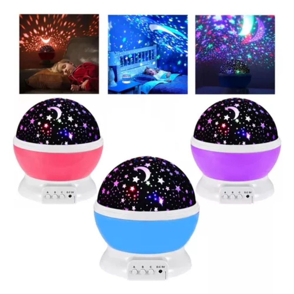 Encontraproduto.com.br - Luminária Infantil Abajur Projetor Lua E Estrelas Giratória
