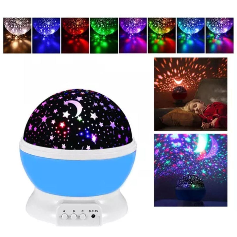 Encontraproduto.com.br - Luminária Infantil Abajur Projetor Lua E Estrelas Giratória