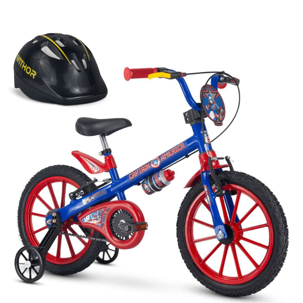 Bicicletinha para Aro 16 Capitão América Marvel Nathor com Capacete Preto